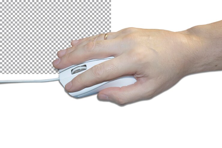 PSD a man holds a white computer mouse in his hand on a transparent background
