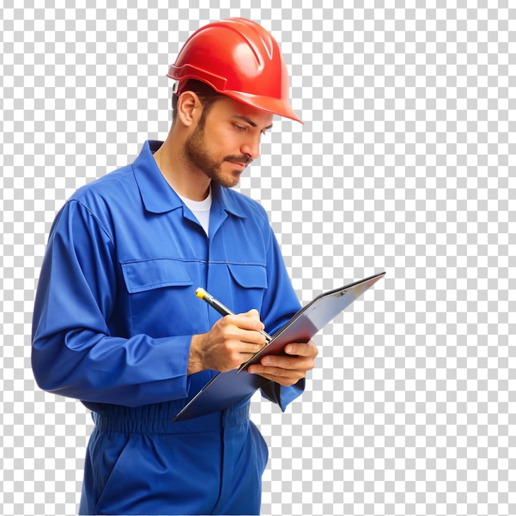PSD a man in a blue uniform writing on a clipboard on transparent background