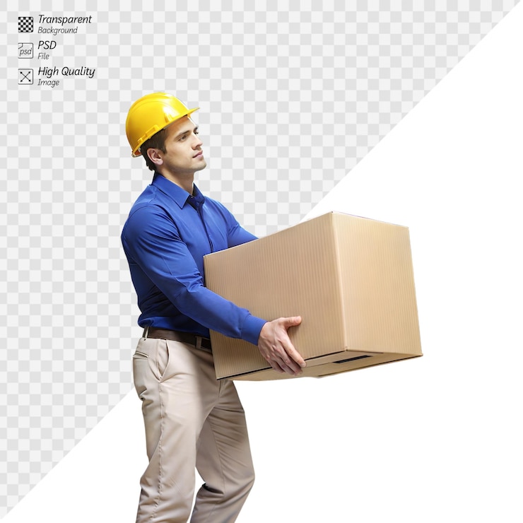 PSD a man in a hard hat and casual work attire lifts a box
