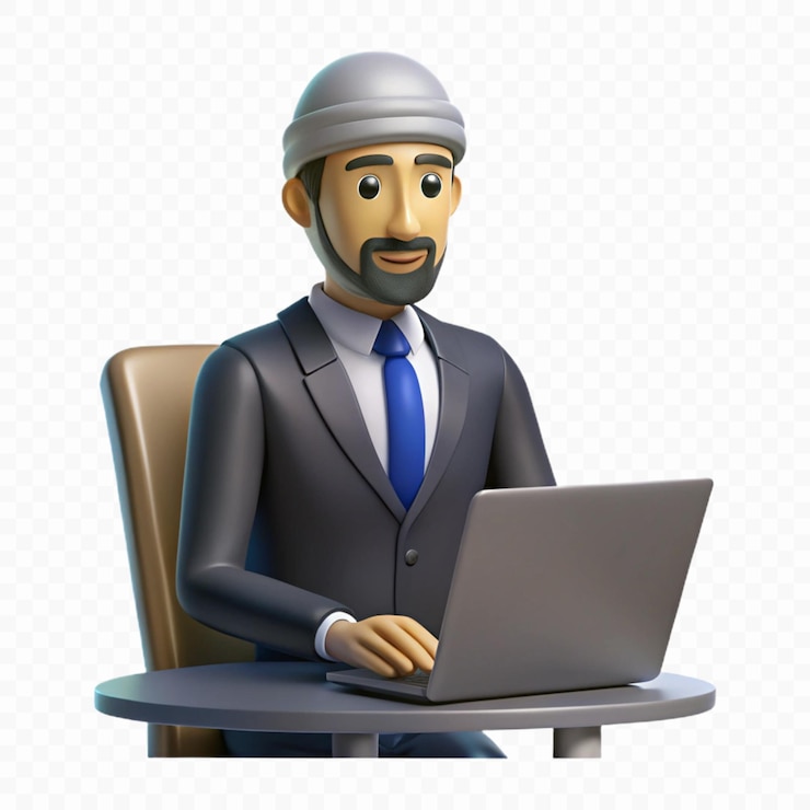 PSD a man in a suit sits at a desk with a laptop