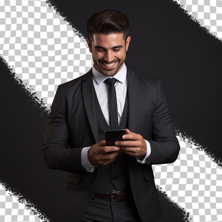 PSD a man in a suit smiles and smiles with a phone.