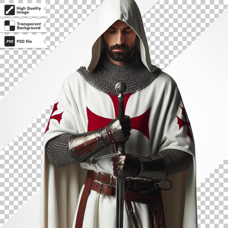 PSD a man in a white robe with a red cross on his chest