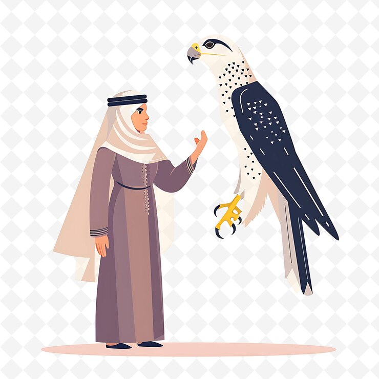 PSD a man is holding a falcon and a woman is looking at it