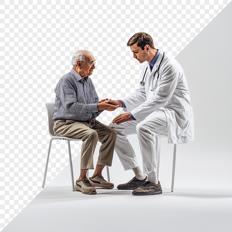 PSD a man is sitting on a chair with a doctor in the background