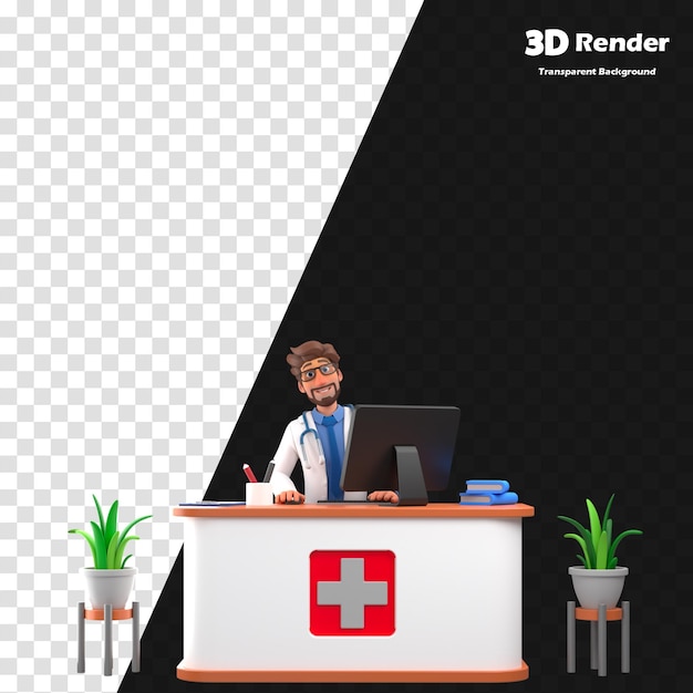 a man sits at a desk with a computer and a picture of a man in a suit