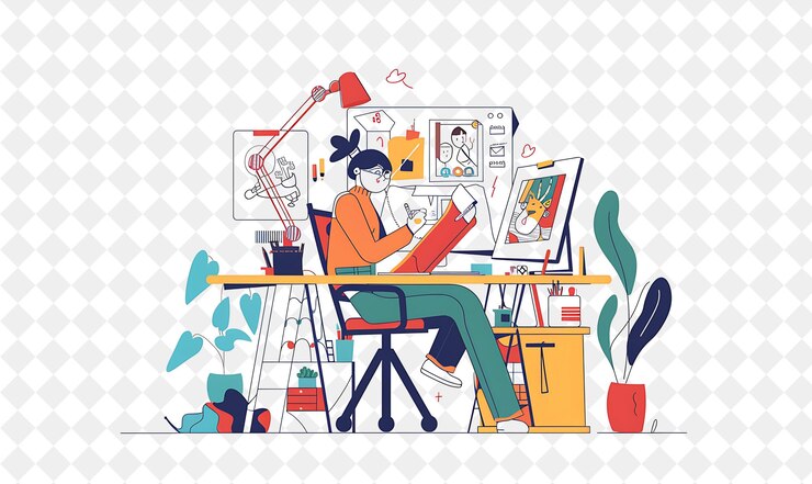 PSD a man sits at a desk with a drawing of a woman reading a book