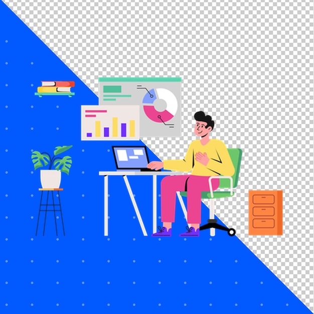 a man sits at a desk with a laptop and a box of things in the background