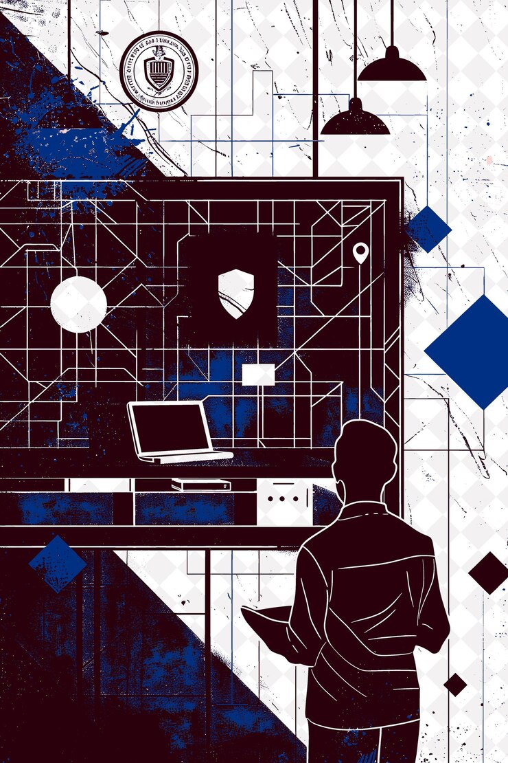 PSD a man sits at a desk with a laptop and a drawing of a man on it