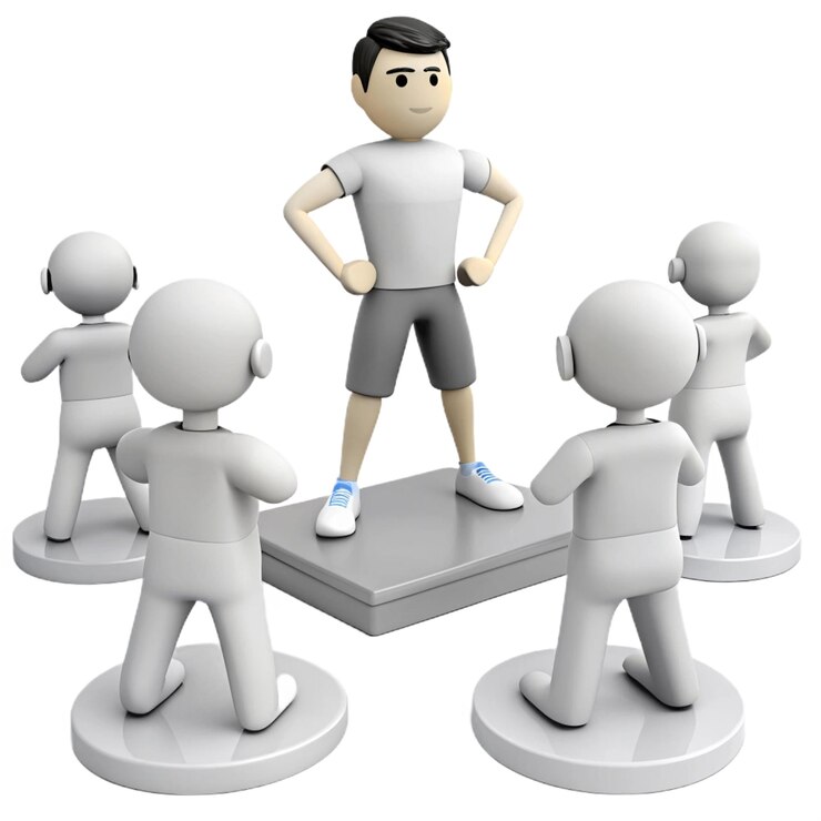 PSD a man standing on a platform with a group of people on it