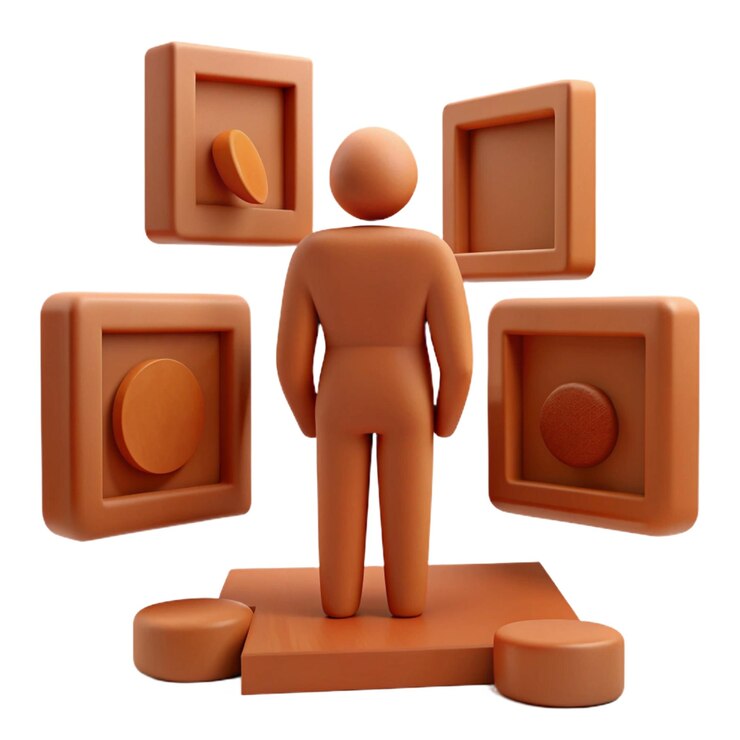 PSD a man stands in front of a set of orange boxes with one being shown
