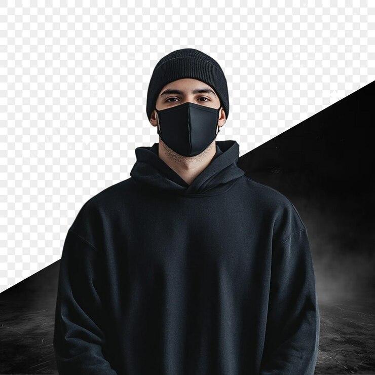 PSD a man wearing a black hoodie with a black mask on it