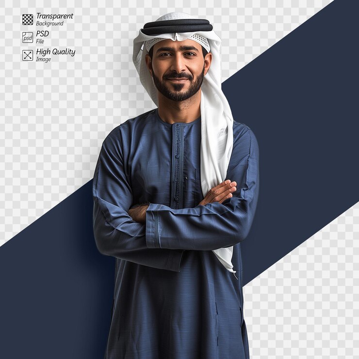PSD a man wearing a blue and white robe with a white scarf arabian business man