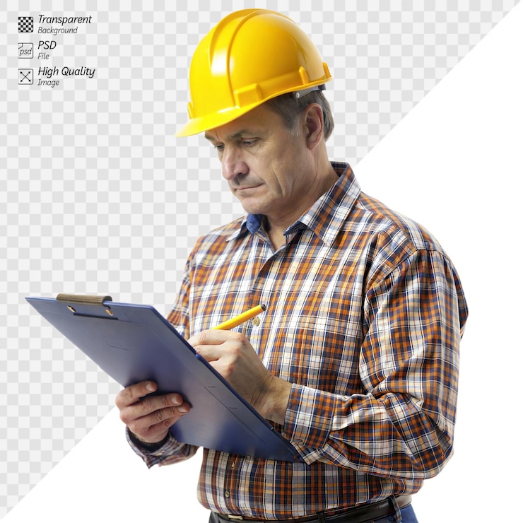 PSD a man wearing a yellow hard hat is writing on a clipboard