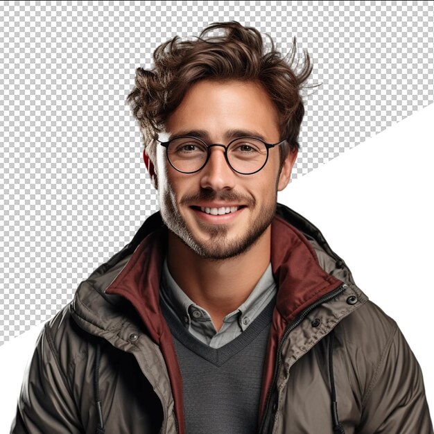 PSD a man wearing glasses and a jacket with a brown jacket and glasses