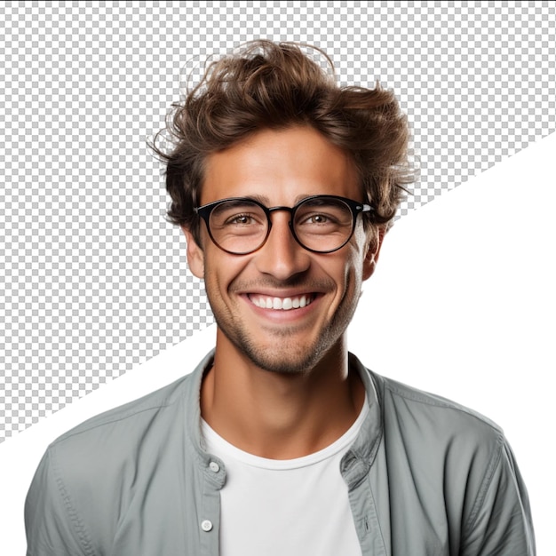 PSD a man wearing glasses and a shirt that says hes smiling