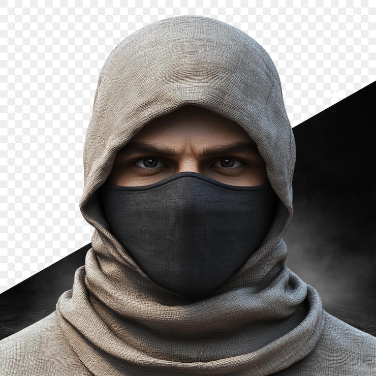 PSD a man with a black mask on his face is shown with a black background