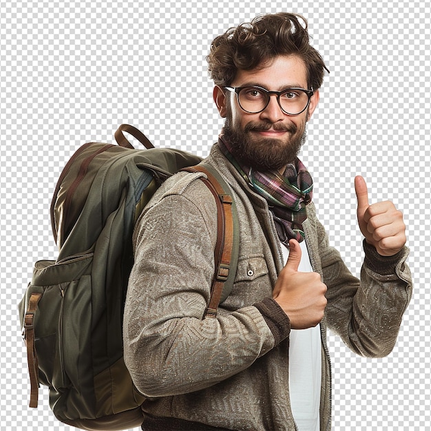 PSD a man with glasses and a backpack with a thumbs up sign isolated on transparent background