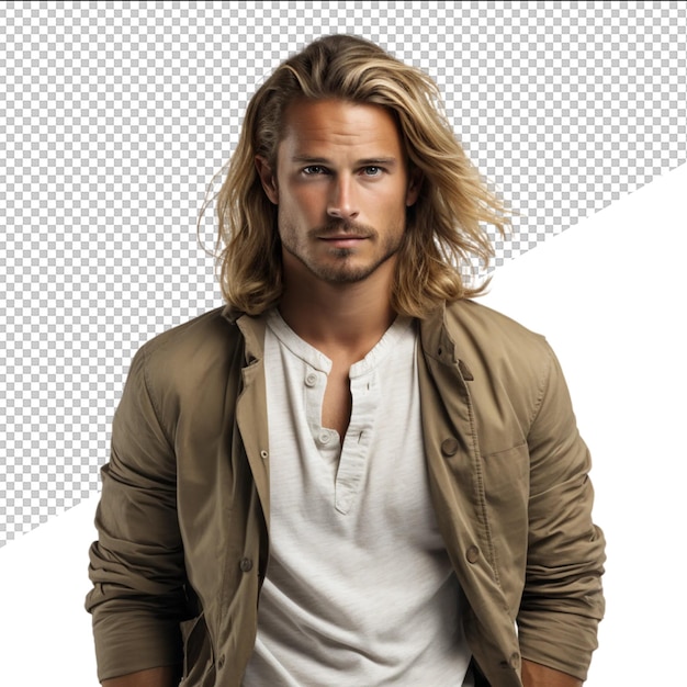 PSD a man with long blonde hair and a white shirt with a collared shirt on