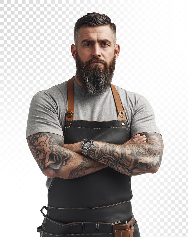 PSD a man with tattoos on his arms stands with his arms crossed