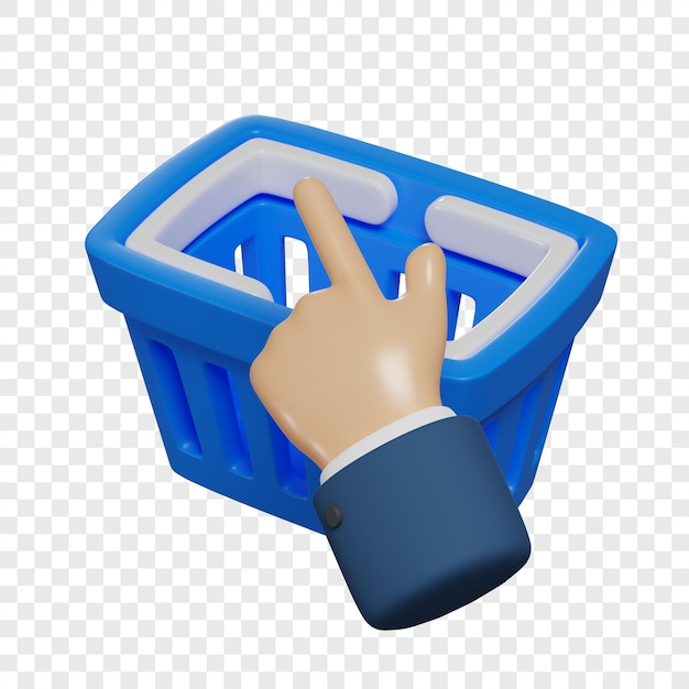 PSD a mão 3d clica em um carrinho de compras azul conceito de compras online ilustração isolada renderização em 3d