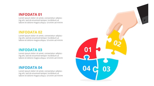 A mão do empresário conecta o quebra-cabeça infográfico de conceito de trabalho em equipe com 4 opções