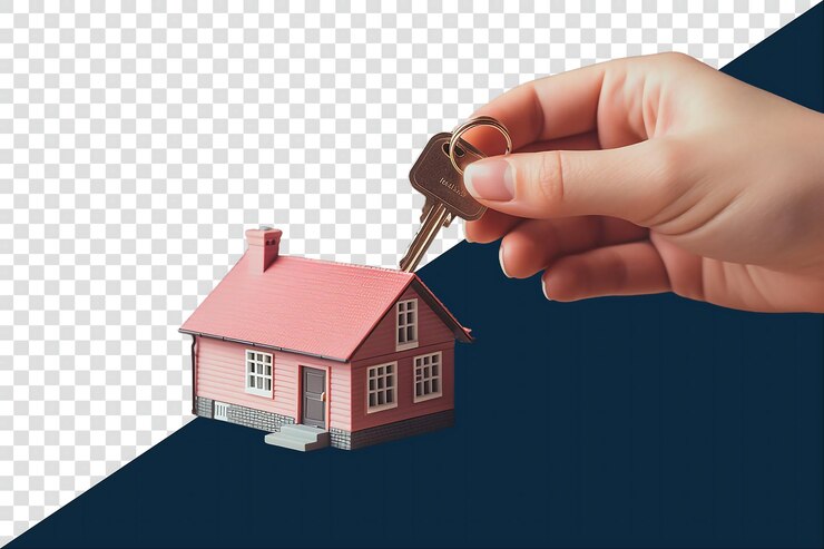 PSD a mão segurando as chaves da casa perto da casa em miniatura conceito imobiliário