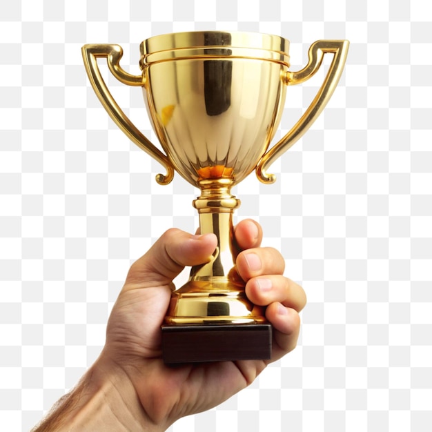 A mão segurando o troféu de ouro isolado em fundo transparente