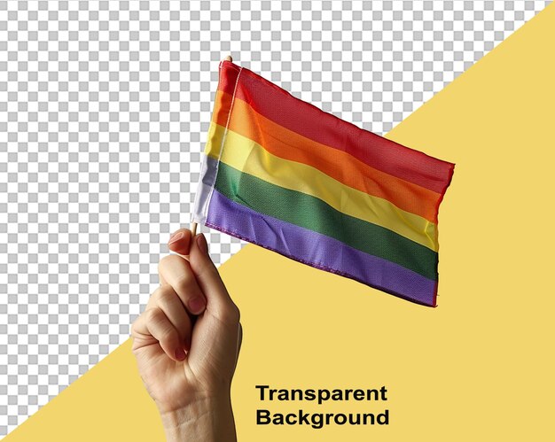 A mão segurando uma bandeira arco-íris em um fundo transparente