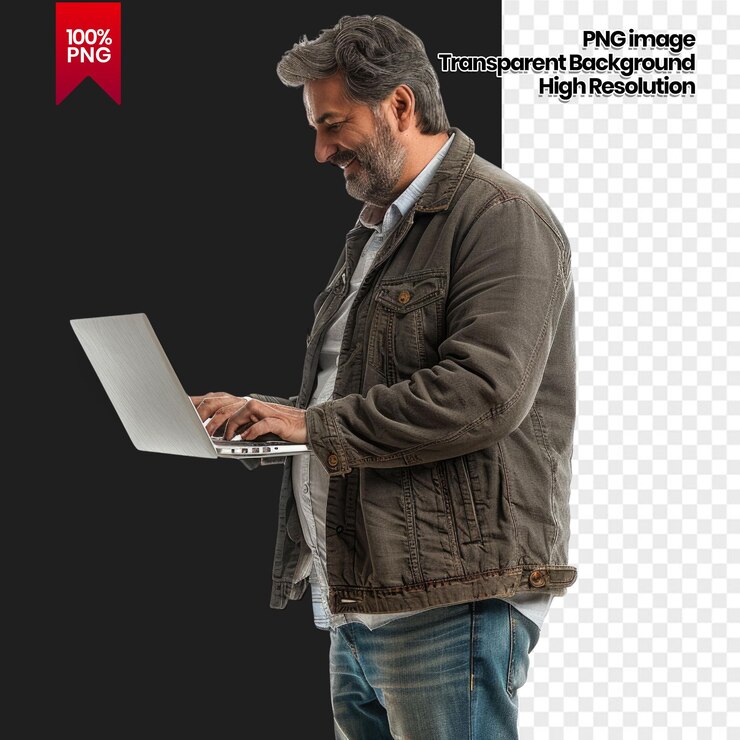 PSD a middle aged man in a denim jacket uses a laptop background removed