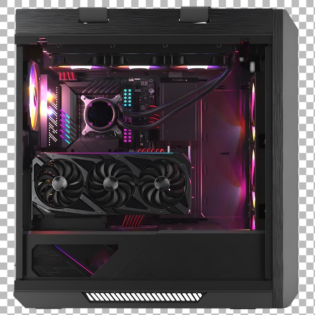 a modern computer case showcasing internal components with rgb lighting