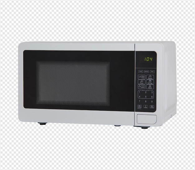 A modern white microwave oven with a digital display and control panel on a transparent background