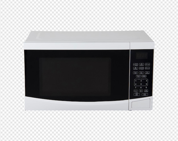 A modern white microwave oven with a digital display and control panel on a transparent background