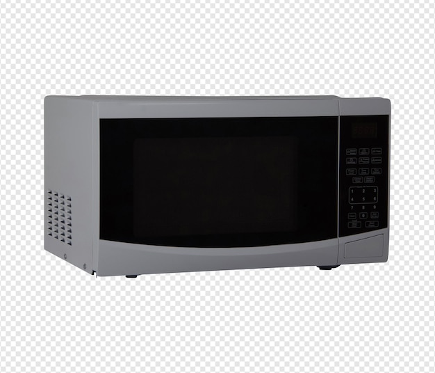 A modern white microwave oven with a digital display and control panel on a transparent background