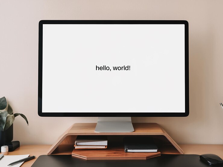 a monitor that says hello on it
