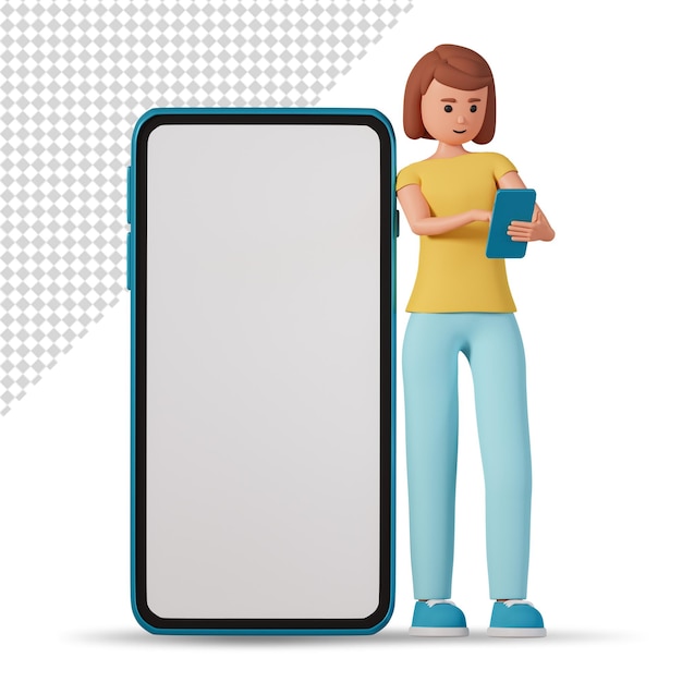 PSD a mulher segura o celular e fica perto da ilustração 3d do grande smartphone