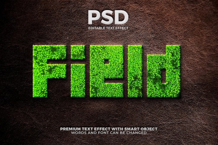 PSD a natureza da grama arquivou efeito de texto de prado no modelo de maquete de logotipo de fundo de couro marrom