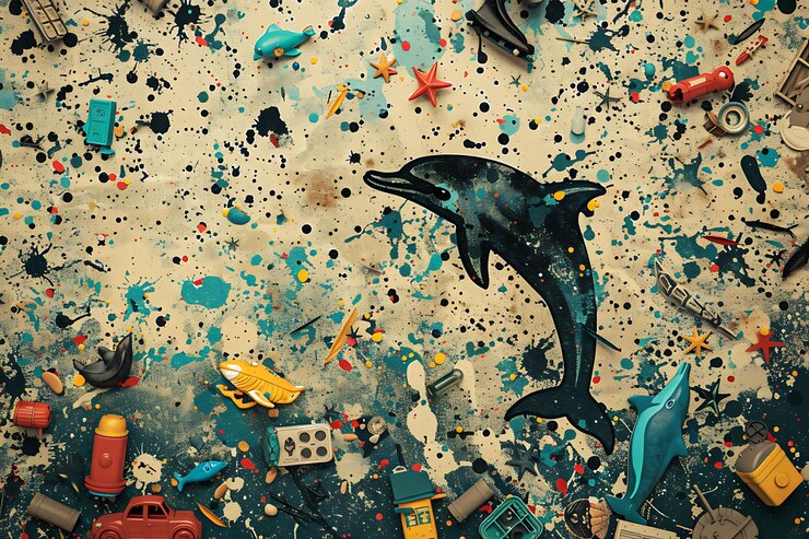 PSD a painting of a dolphin and a toy with a blue dolphin on it