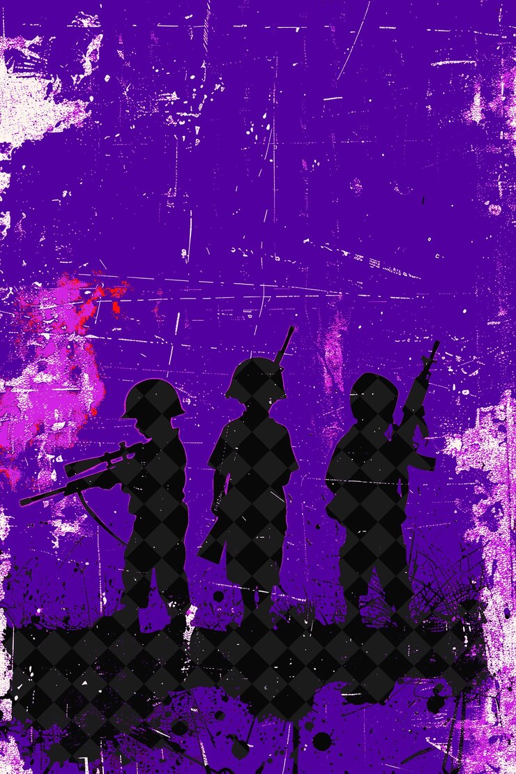PSD a painting of soldiers with a purple background and a purple background with a red flower