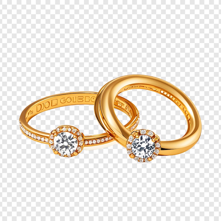 a pair of gold rings with diamonds on a transparent background