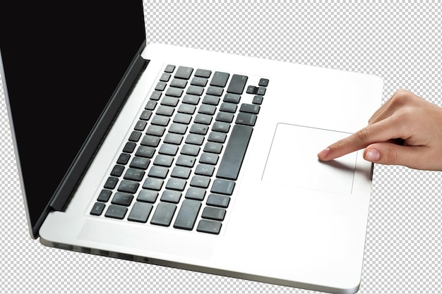 a person is using a laptop with a finger pointing at the screen