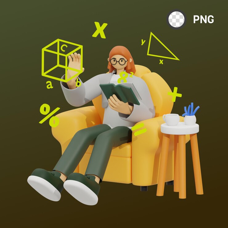 PSD a person sitting in a chair with a book and a triangle on it.