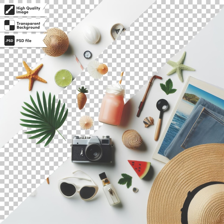 PSD a picture of a beach scene with a straw hat and sunglasses