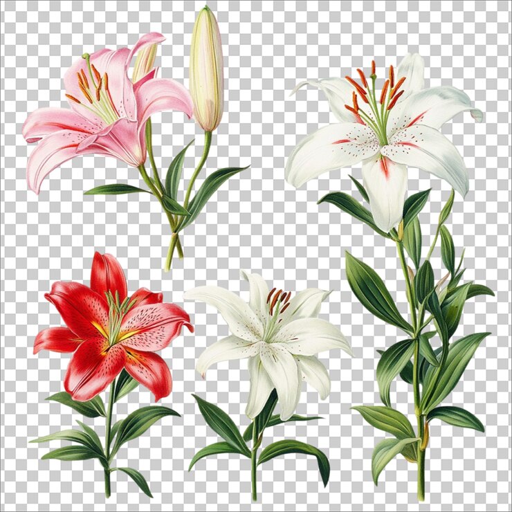 PSD a picture of a colorful lily flower with green leaves isolated on transparent background png cutout