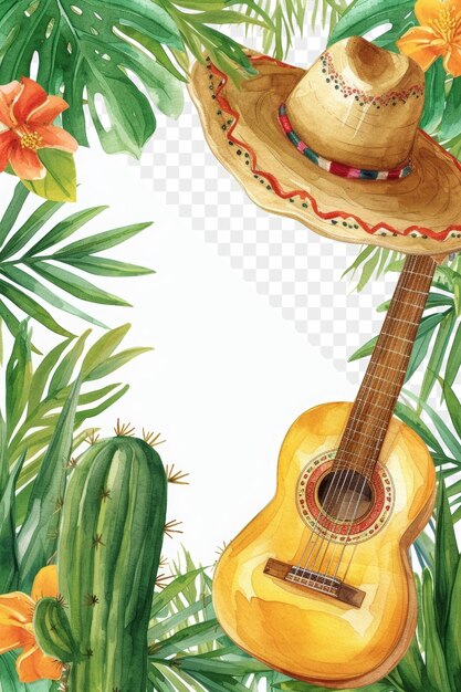 PSD a picture of a guitar and a hat with flowers and a guitar