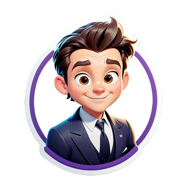 a picture of a man with a suit on and a purple circle around his neck