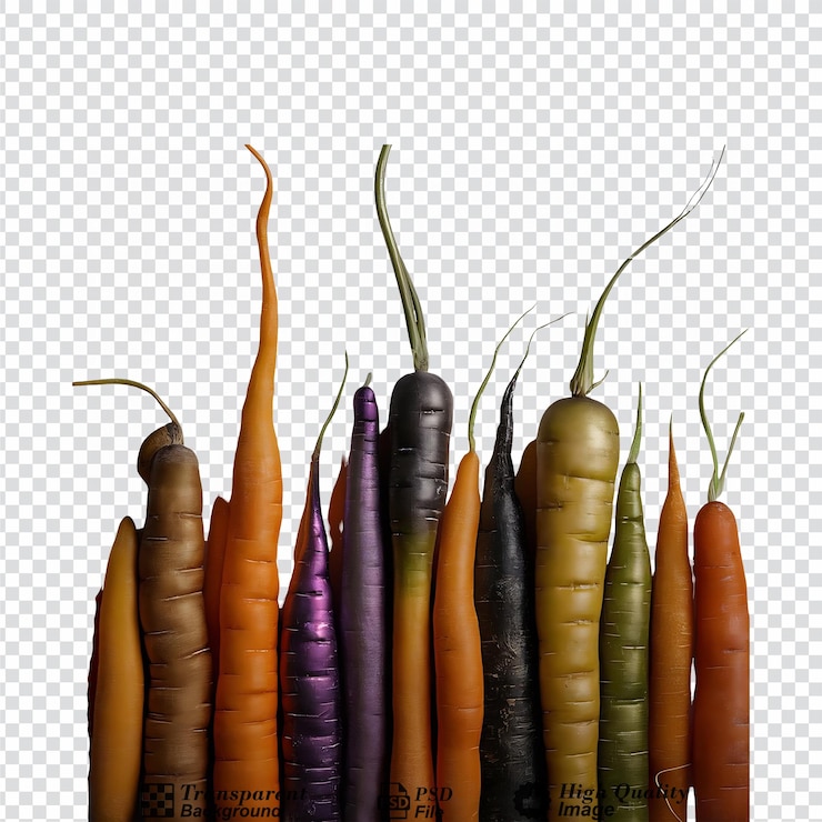 PSD a pile of carrots with some of them being purple and some being orange isolated