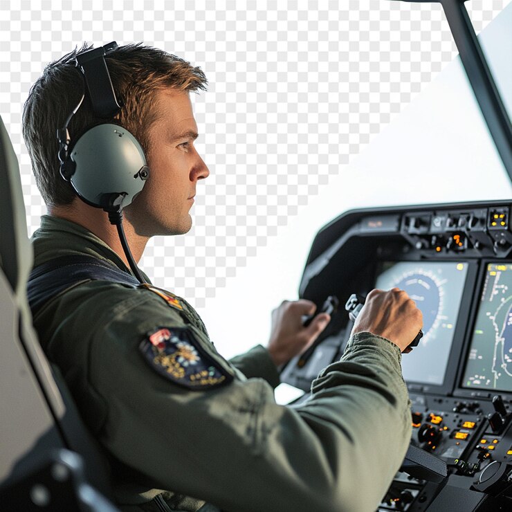 PSD a pilot in a cockpit with the pilot  s headphones on