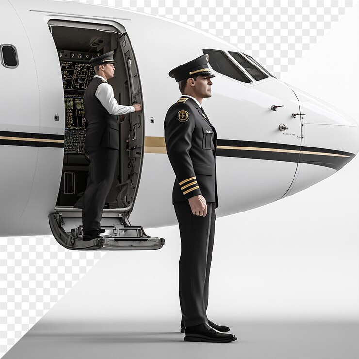 PSD a pilot stands on the stairs of a plane with the door open
