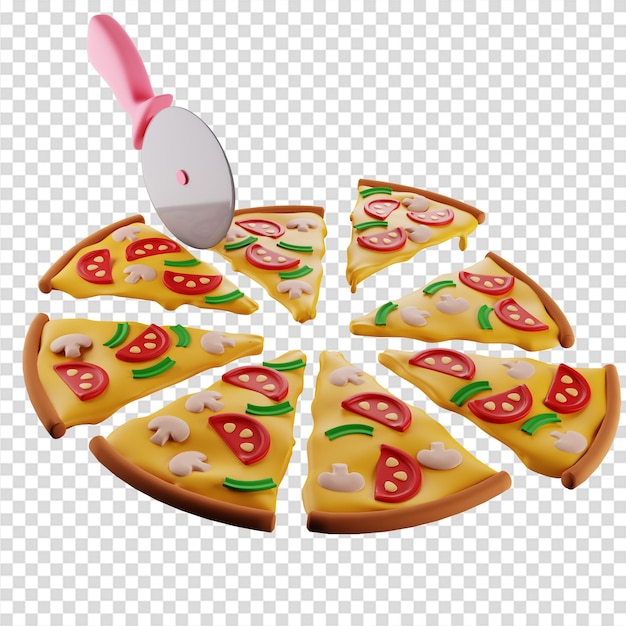 PSD a pizza 3d com cogumelos é dividida por uma faca de pizza em 8 fatias idênticas.
