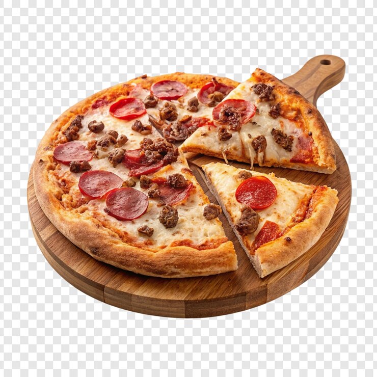 a pizza with sausage and pepperoni on a wooden board